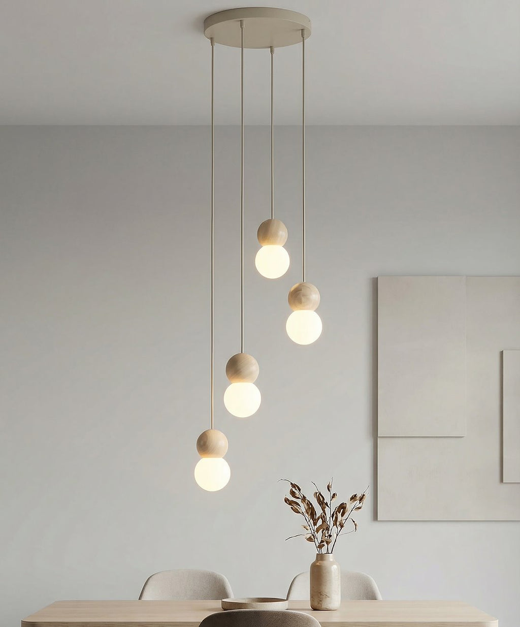 Hanglamp staal en hout Scandinavisch Loop beige, witte kappen, 4 lichts G9, verstelbare hoogte