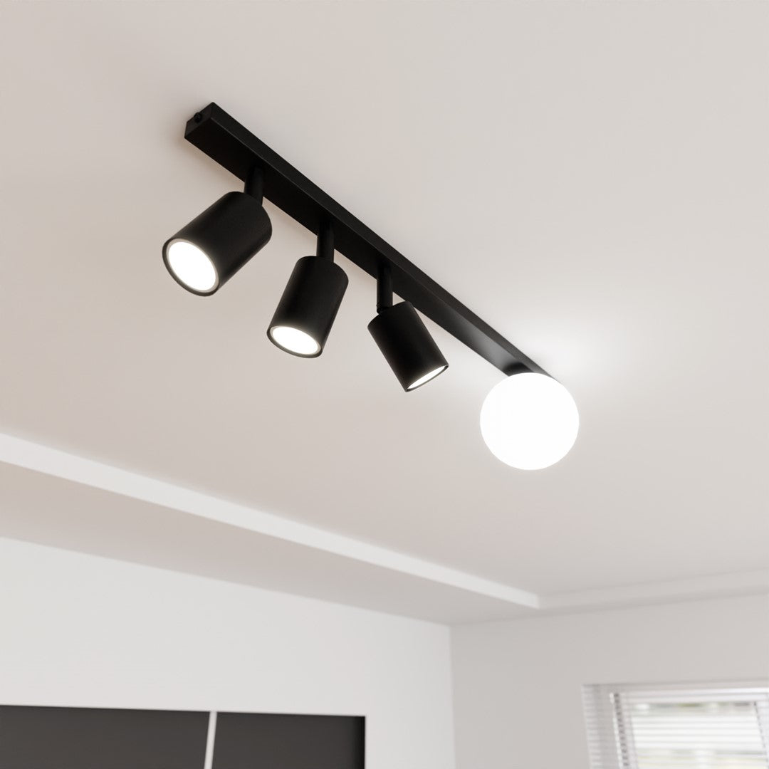 Plafondlamp Baster gepoedercoat staal en glas, modern, zwart met witte glazen kap, 70 cm, 4 lichtpunten