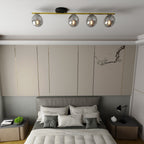 Plafondlamp gepoedercoat staal en glas Monza, zwart en goud met grafiet kappen, 4 lichts, 100 cm breed