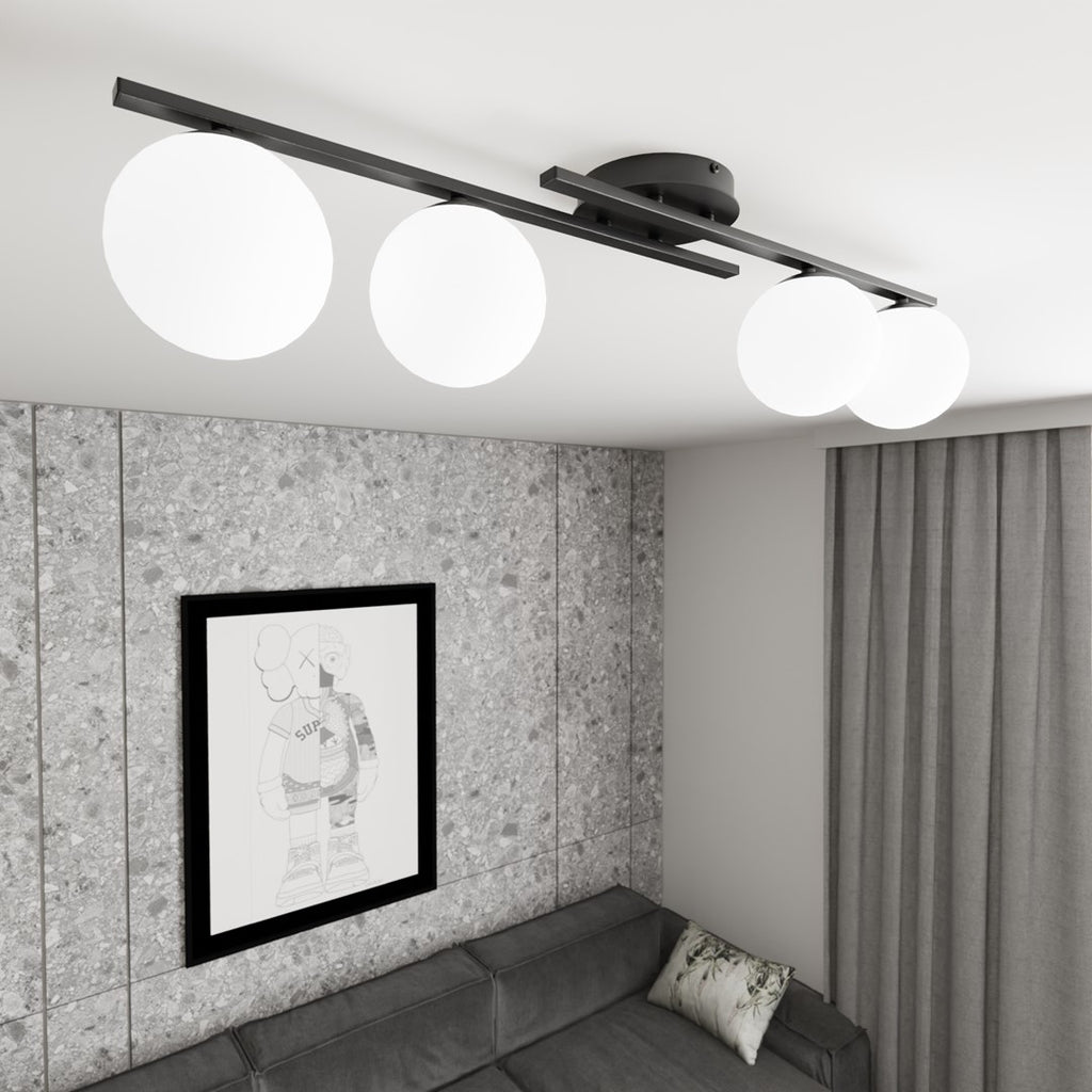 Plafondlamp gepoedercoat staal modern, zwart met 4 witte bolkappen Ø 14 cm, 87 x 29 x 19 cm, E14, woonkamer en slaapkamer