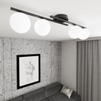 Plafondlamp gepoedercoat staal modern, zwart met 4 witte bolkappen Ø 14 cm, 87 x 29 x 19 cm, E14, woonkamer en slaapkamer