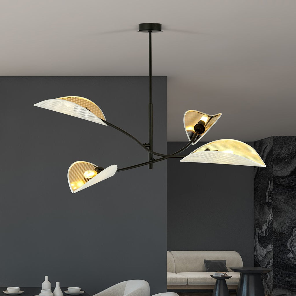 Plafondlamp Lotus gepoedercoat staal met stoffen kappen, zwart, wit en goud, 4 lichts, 102 x 51 cm, woonkamer