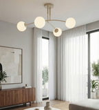 Plafondlamp staal en glas beige modern, 4 witte glazen bollen Ø 14 cm, 60 x 60 cm voor woonkamer