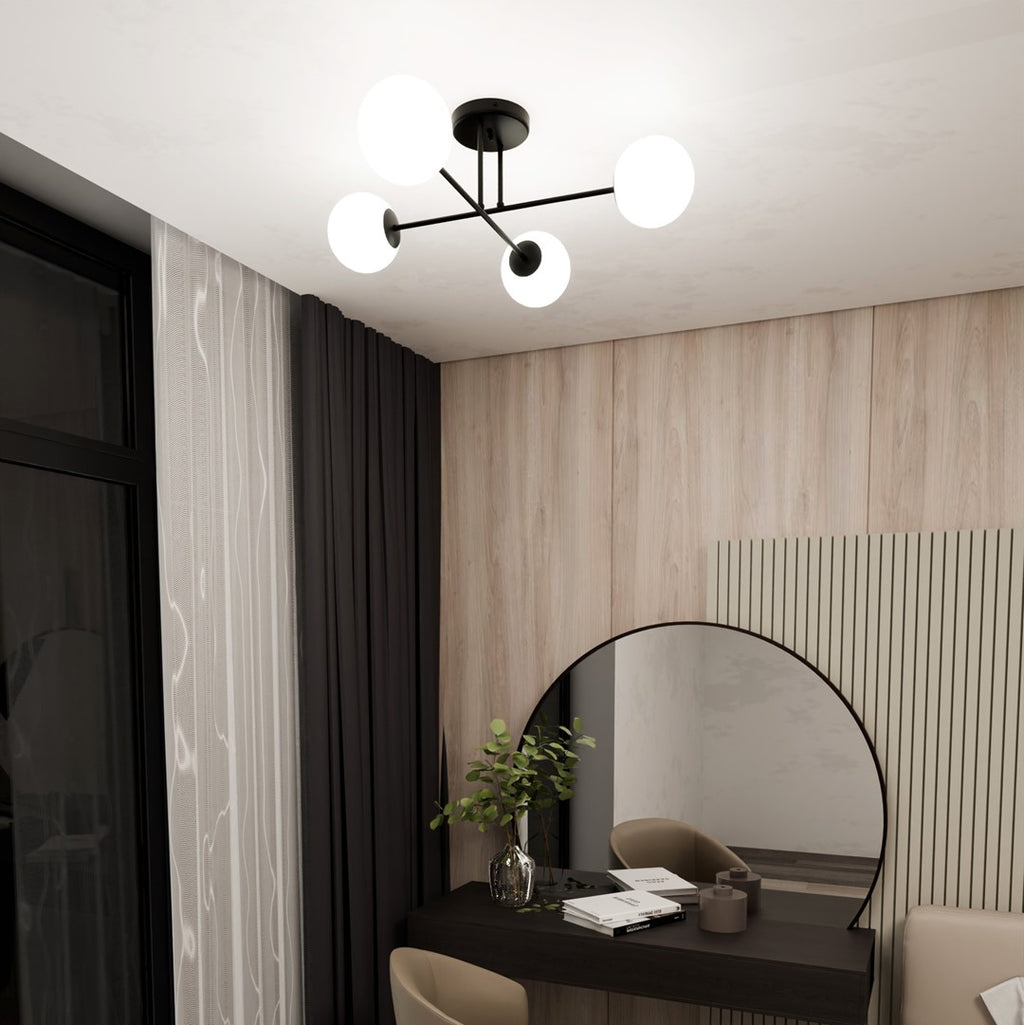 Plafondlamp 4-lichts gepoedercoat staal en glas, modern, zwart met witte kappen, E14 – woonkamer, eetkamer
