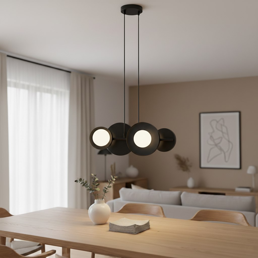 Hanglamp gepoedercoat staal minimalistisch Model 4 zwart met witte kappen, 53 x 23 cm, 4 lichtpunten, eettafel