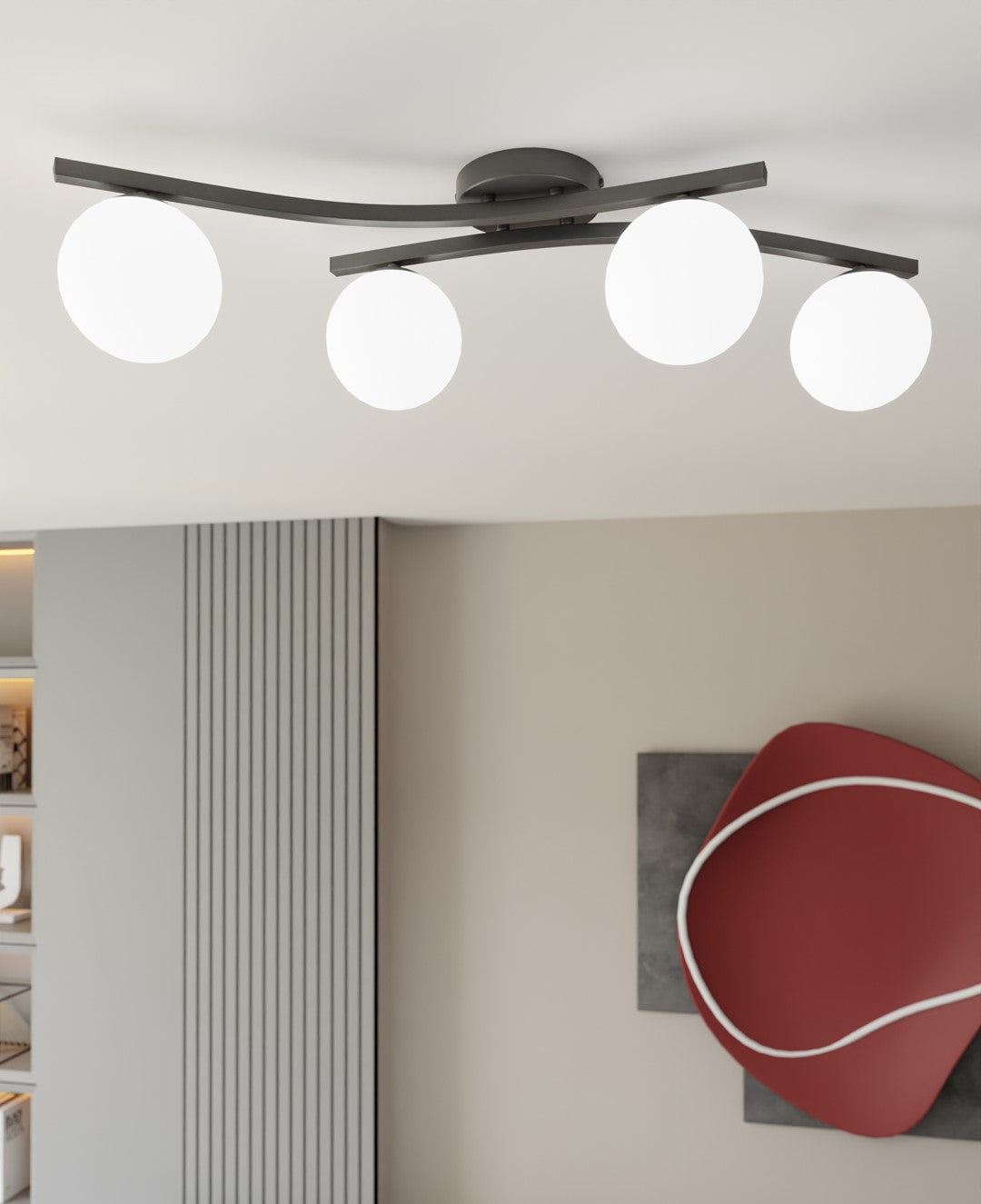 Plafondlamp zwart gepoedercoat staal met 4 witte glazen kappen, modern, E14 – woonkamer, eetkamer en slaapkamer