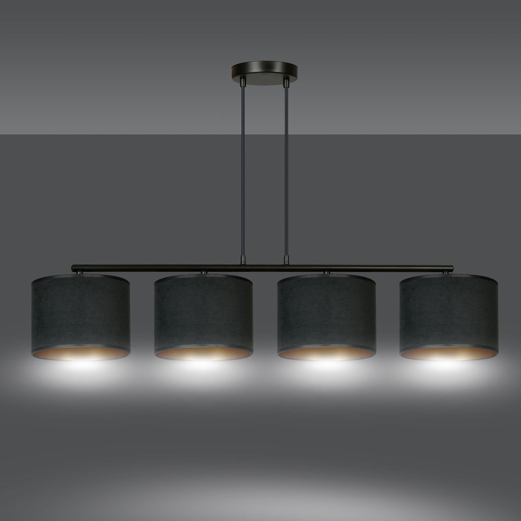 Hanglamp gepoedercoat staal en stof Hilde zwart met gouden binnenkant, 4 kappen Ø 20 cm, eettafel