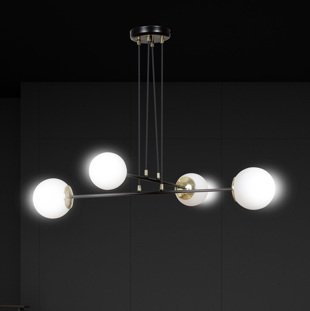 Hanglamp Ognis gepoedercoat staal en glas, glamour, zwart met witte glazen kappen, 4 lichts E27, 75 x 100 cm