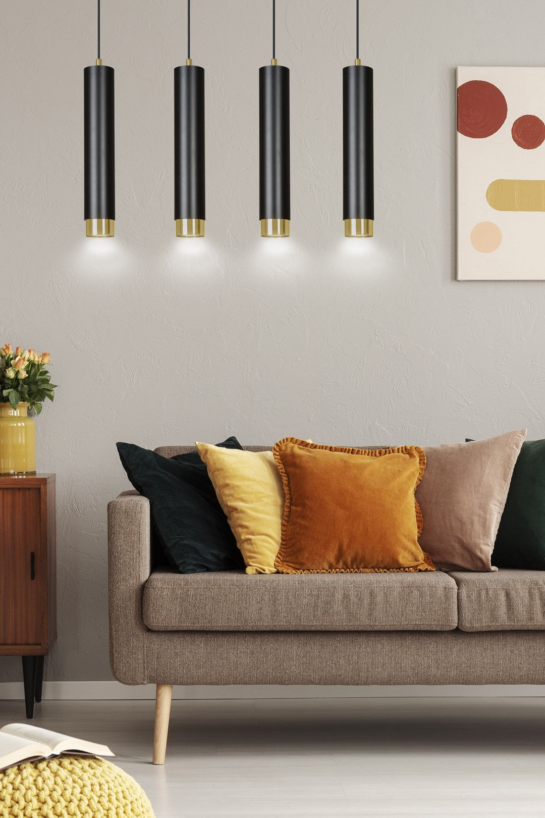 Hanglamp gepoedercoat staal Kibo, modern, zwart met goud, 4 lichts, 60 cm breed, voor woonkamer, keuken en thuiskantoor
