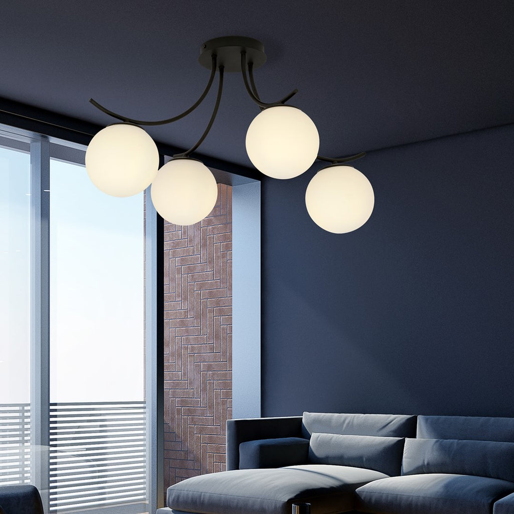 Plafondlamp gepoedercoat staal en glas Boston zwart, witte glazen kappen, 70 x 37 cm, 4 lichts E14