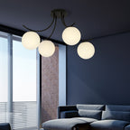 Plafondlamp gepoedercoat staal en glas Boston zwart, witte glazen kappen, 70 x 37 cm, 4 lichts E14