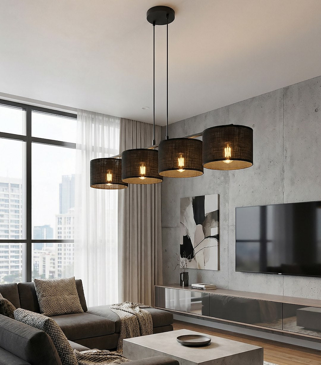 Hanglamp gepoedercoat staal met stoffen kap, Eco, minimalistisch, zwart, 4 lichts, 96 cm breed, voor eettafel of keukeneiland