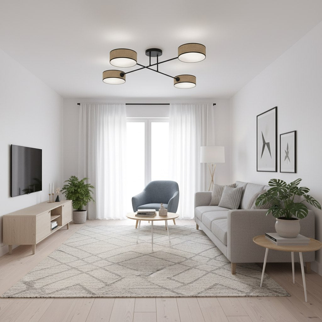 Plafondlamp gepoedercoat staal Japandi rotan kappen bruin met zwart, 4 fittingen E14, 96 x 96 cm