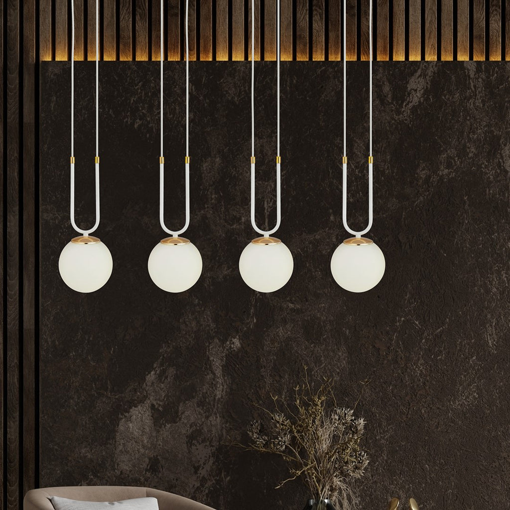 Hanglamp gepoedercoat staal en glas Glam 4 lichts, wit met opaalglas – 92 x 115 cm, eettafel