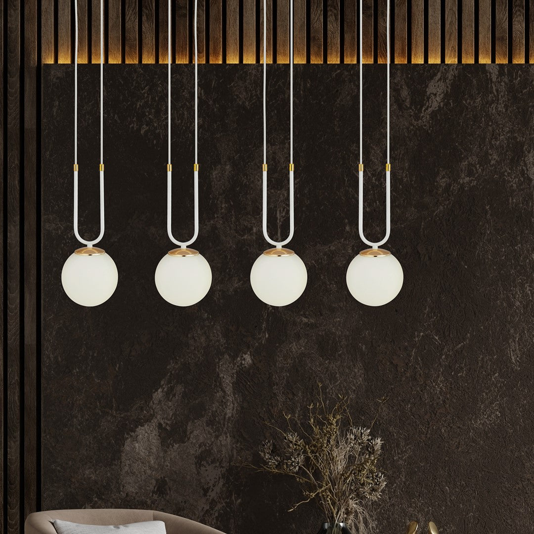 Hanglamp gepoedercoat staal en glas Glam 4 lichts, wit met opaalglas – 92 x 115 cm, eettafel