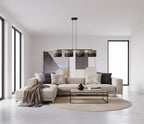 Hanglamp 4 lichts gepoedercoat staal minimalistisch Karbon, zwart met bruine stoffen kappen, 96 cm breed