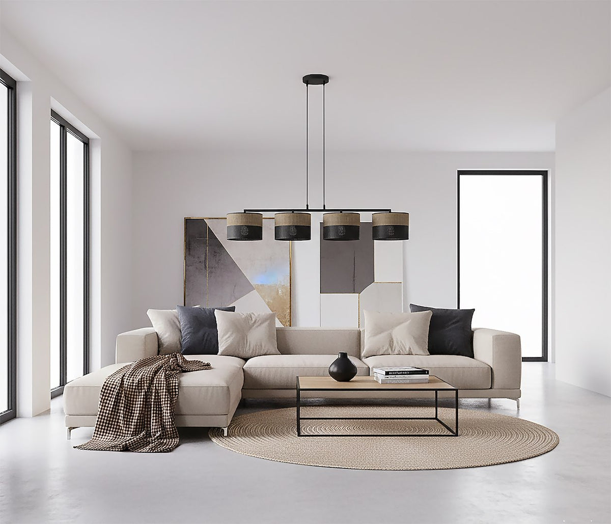 Hanglamp 4 lichts gepoedercoat staal minimalistisch Karbon, zwart met bruine stoffen kappen, 96 cm breed