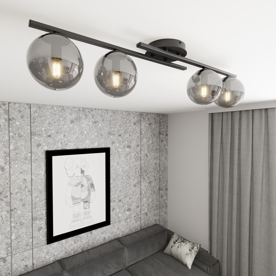 Plafondlamp gepoedercoat staal modern Kairo, zwart met grafiet glazen kappen, 4 lichts, 87 x 29 cm, woonkamer