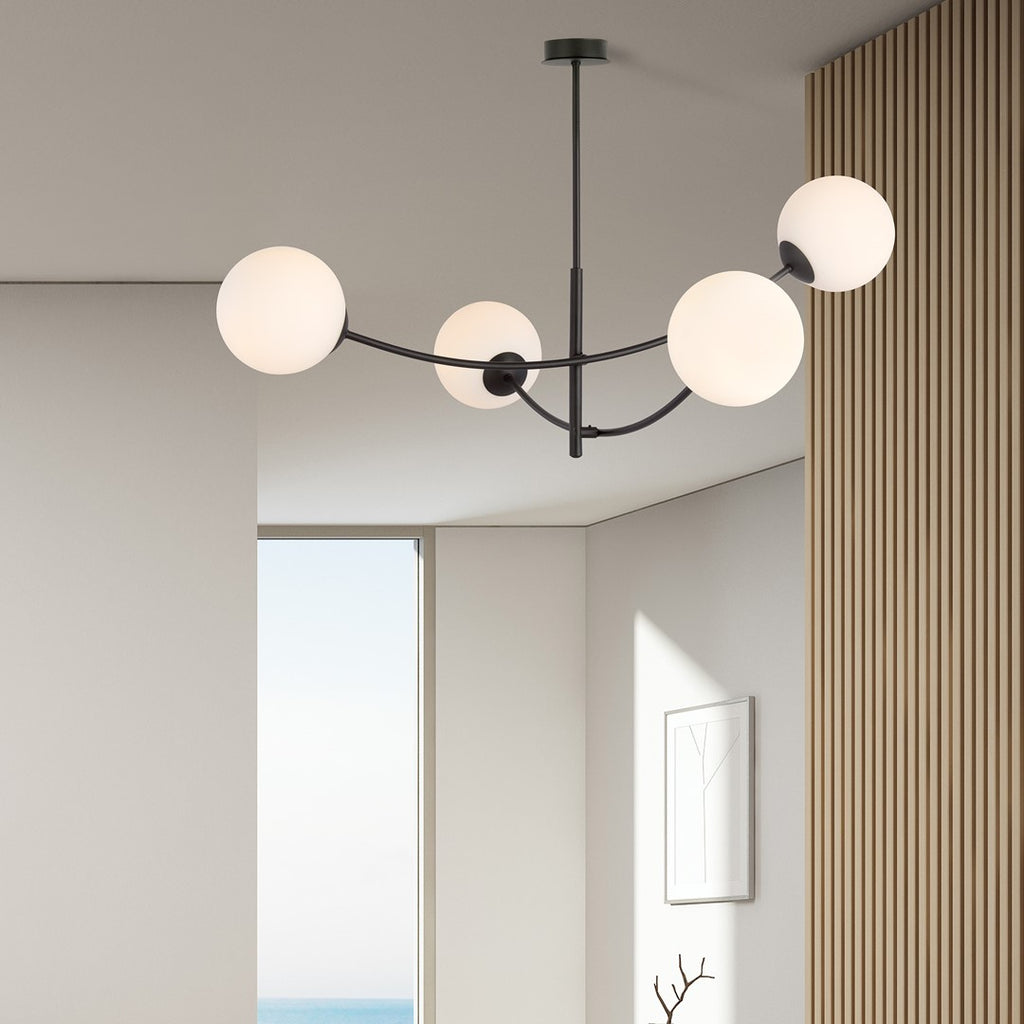 Plafondlamp gepoedercoat staal en glas Hunter, modern, zwart met witte kappen, 4 lichtpunten E14