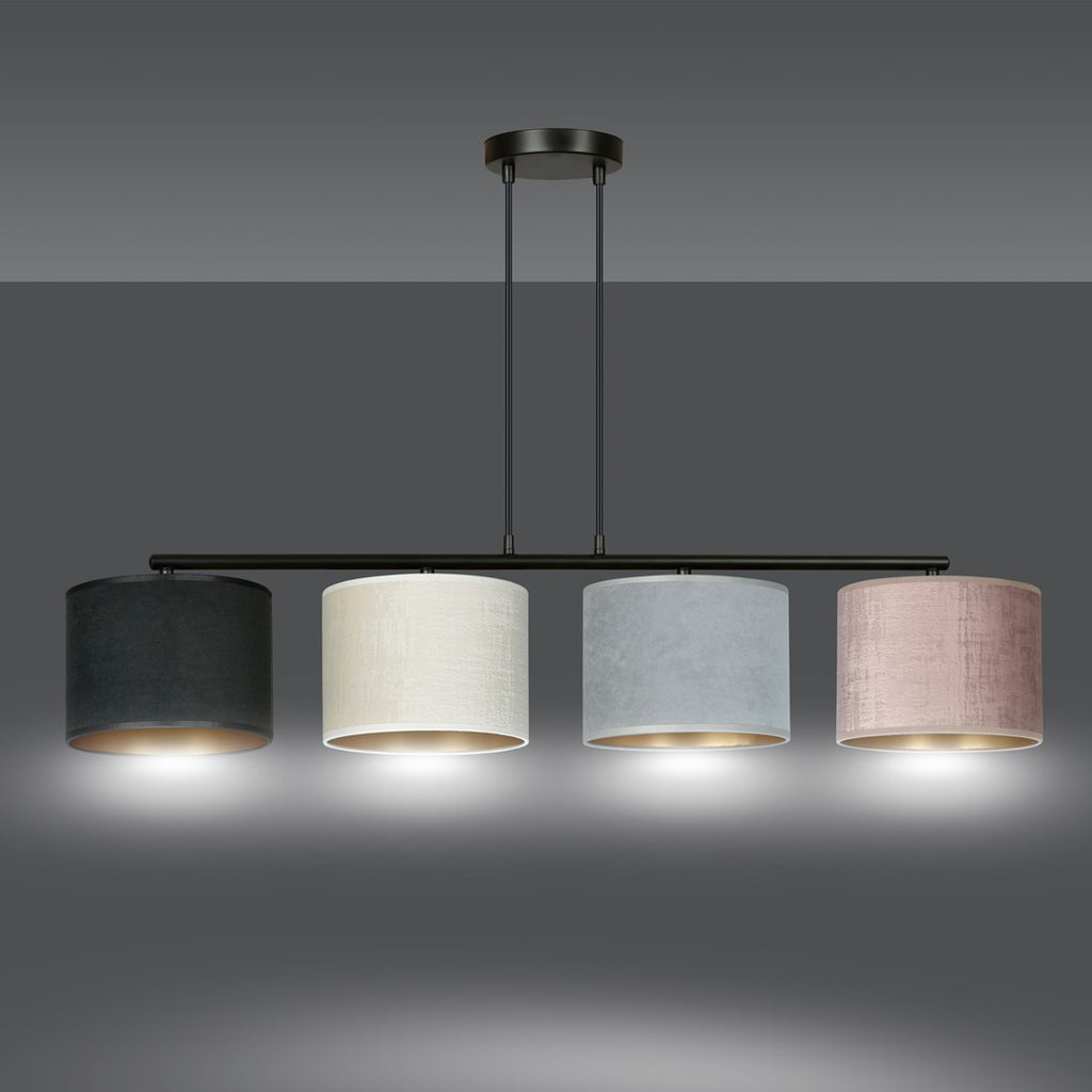 Hanglamp gepoedercoat staal met stoffen kappen Hilde, zwart, grijs, roze, 4 lichts, 97 x 100 cm