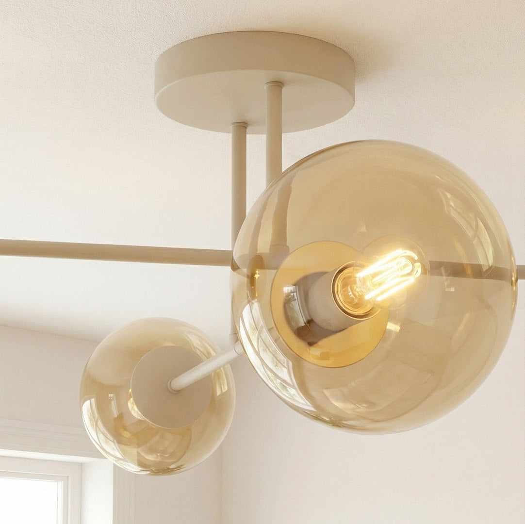 Plafondlamp gepoedercoat staal en glas Roma, beige met amber glazen kappen, 4 lichts, 55 cm breed, woonkamer