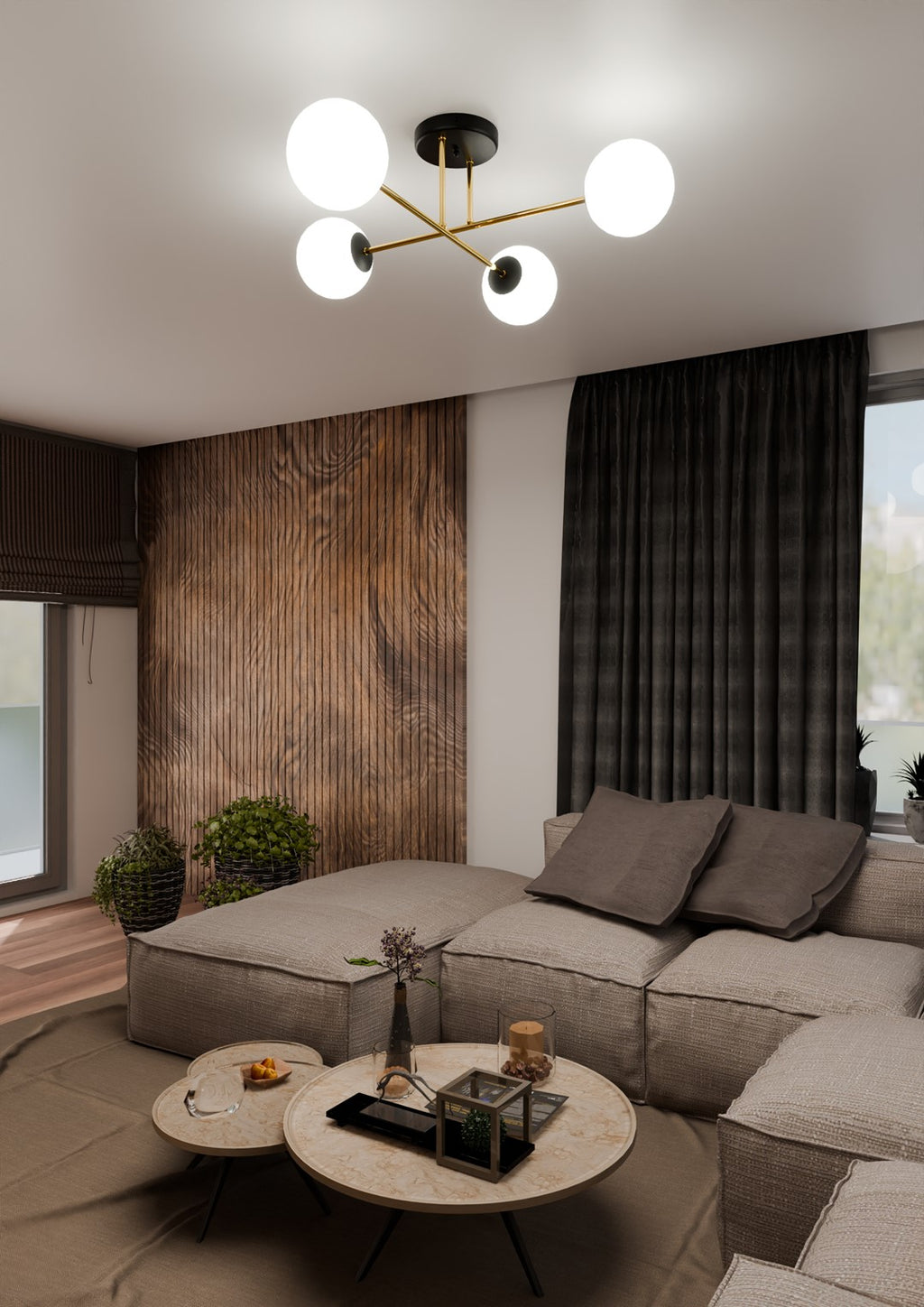 Plafondlamp Magnum gepoedercoat staal en glas, glamour, zwart en goud met witte kappen, 4 lichts, E14