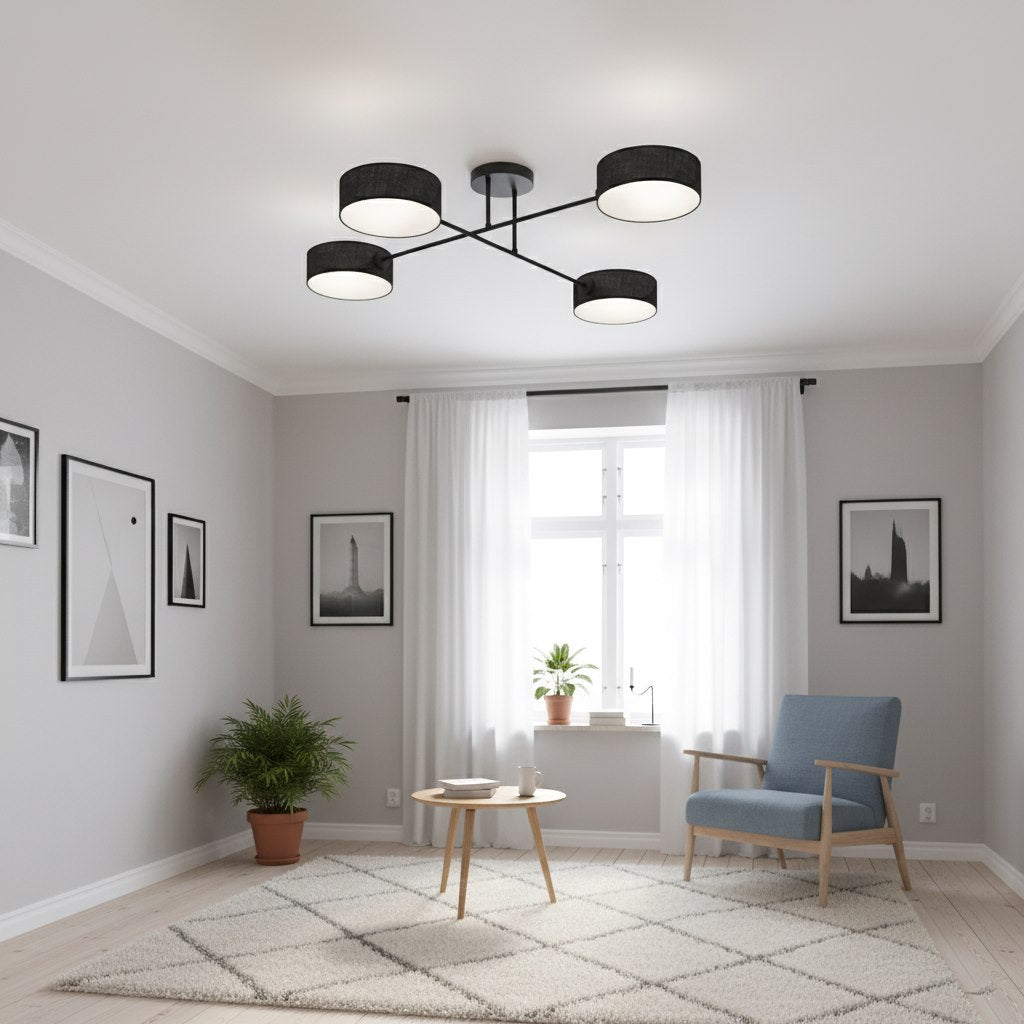 Plafondlamp staal Japandi Maga zwart met 4 geweven kappen, 96 x 96 cm, woonkamer, eetkamer en slaapkamer
