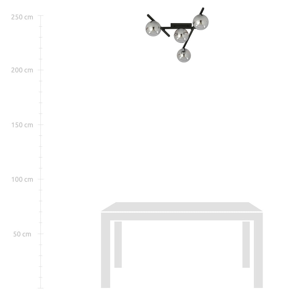 Plafondlamp staal en glas Smart 4 lichts, zwart met grafiet glazen kappen, 63 x 25 cm, E14