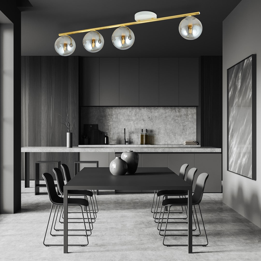 Plafondlamp Monza gepoedercoat staal en glas, modern, wit en goud met grafiet kappen, 4 lichts, E14 – 100 cm