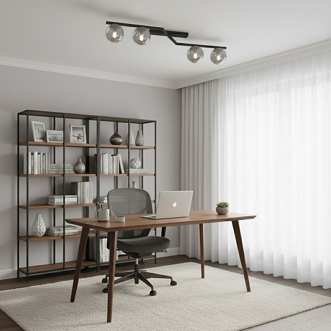 Plafondlamp gepoedercoat staal Naton modern, zwart met grafiet glazen kappen, 4 lichtpunten, 100 x 32 x 20 cm