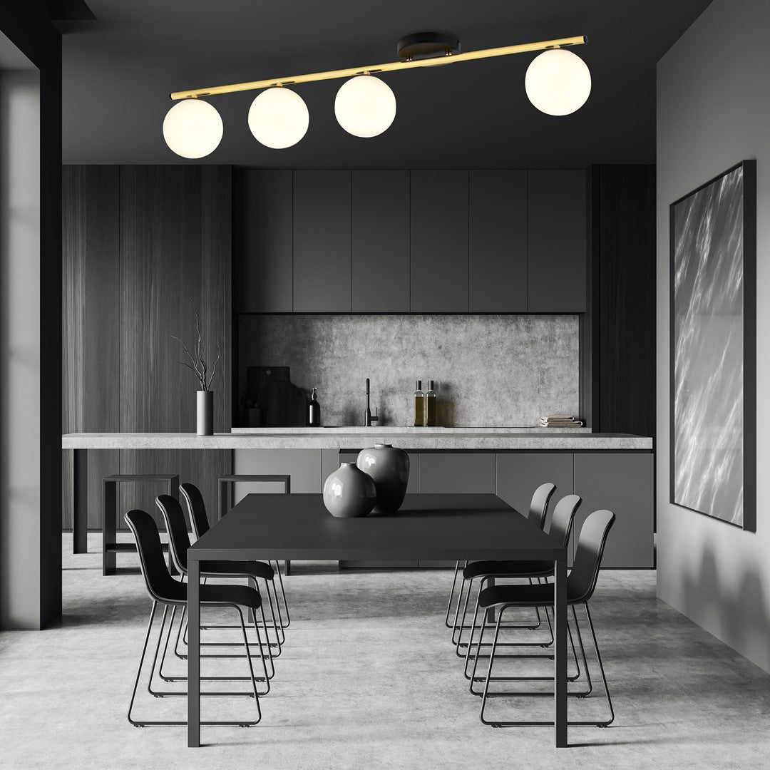 Plafondlamp gepoedercoat staal en glas Monza 4 lichts, zwart en goud met witte kappen, 100 cm