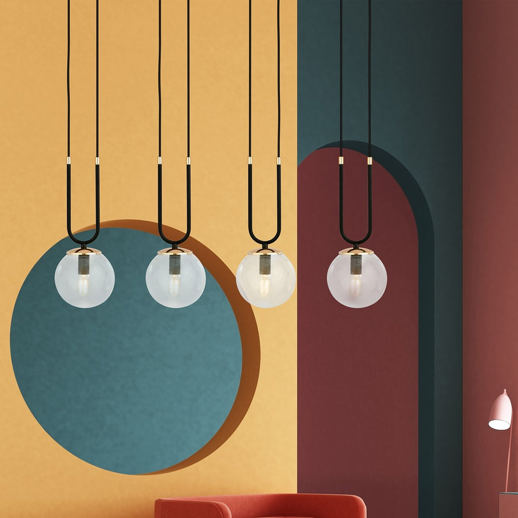 Hanglamp 4 lichtpunten gepoedercoat staal en glas, retro Glam, zwart met transparante kappen, 92 x 115 cm