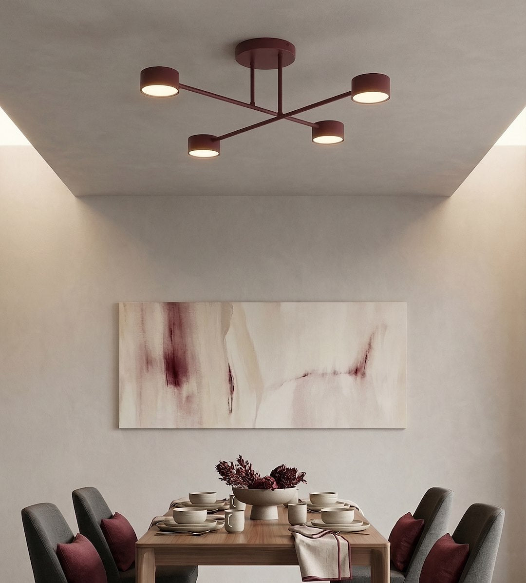 Plafondlamp gepoedercoat staal Halo modern bordeaux 4 lichts, 60 x 60 cm voor woonkamer en slaapkamer
