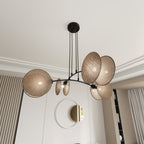 Hanglamp gepoedercoat staal en stof Motief boho, zwart met beige kappen, 4 fittingen E27, 82 x 100 cm