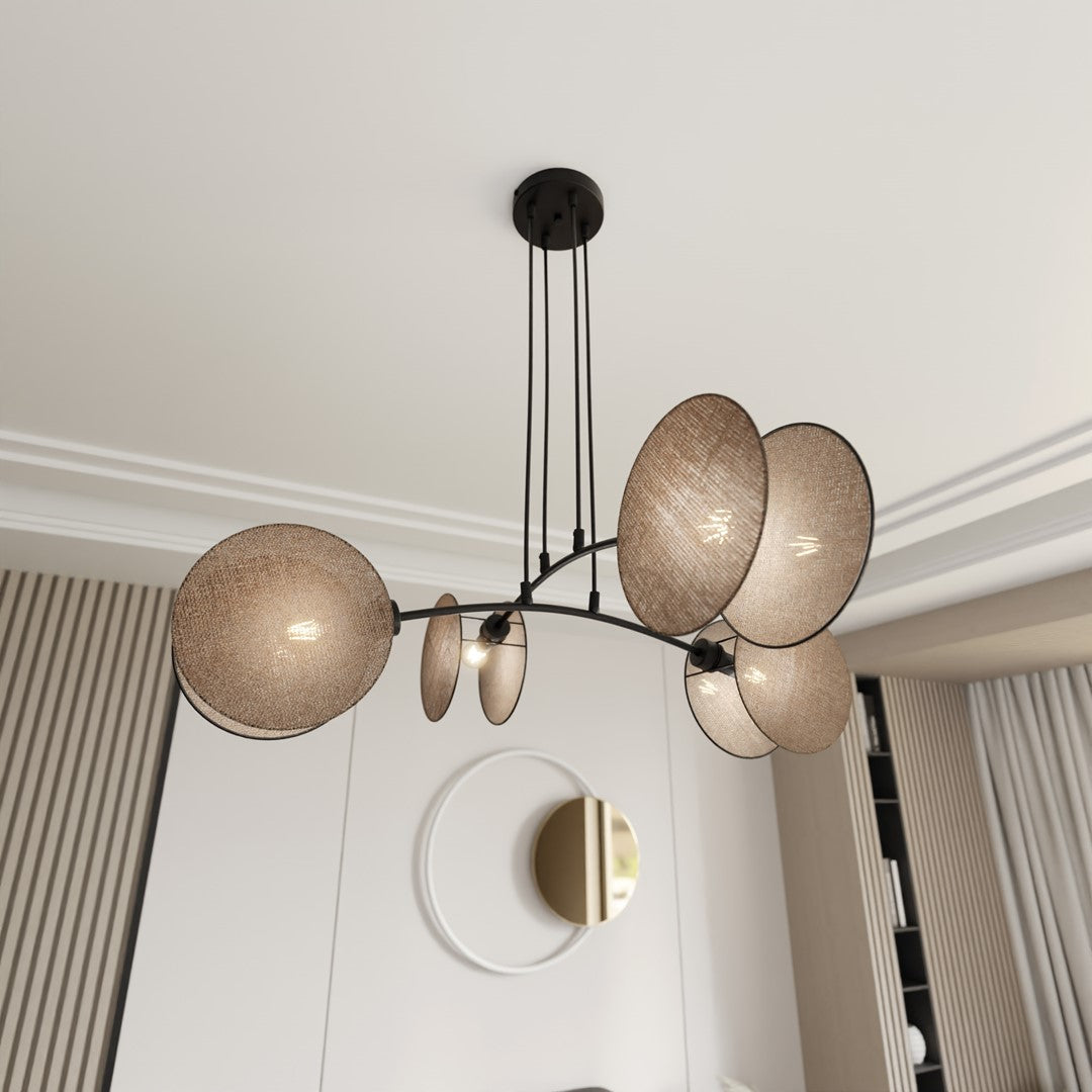 Hanglamp gepoedercoat staal en stof Motief boho, zwart met beige kappen, 4 fittingen E27, 82 x 100 cm