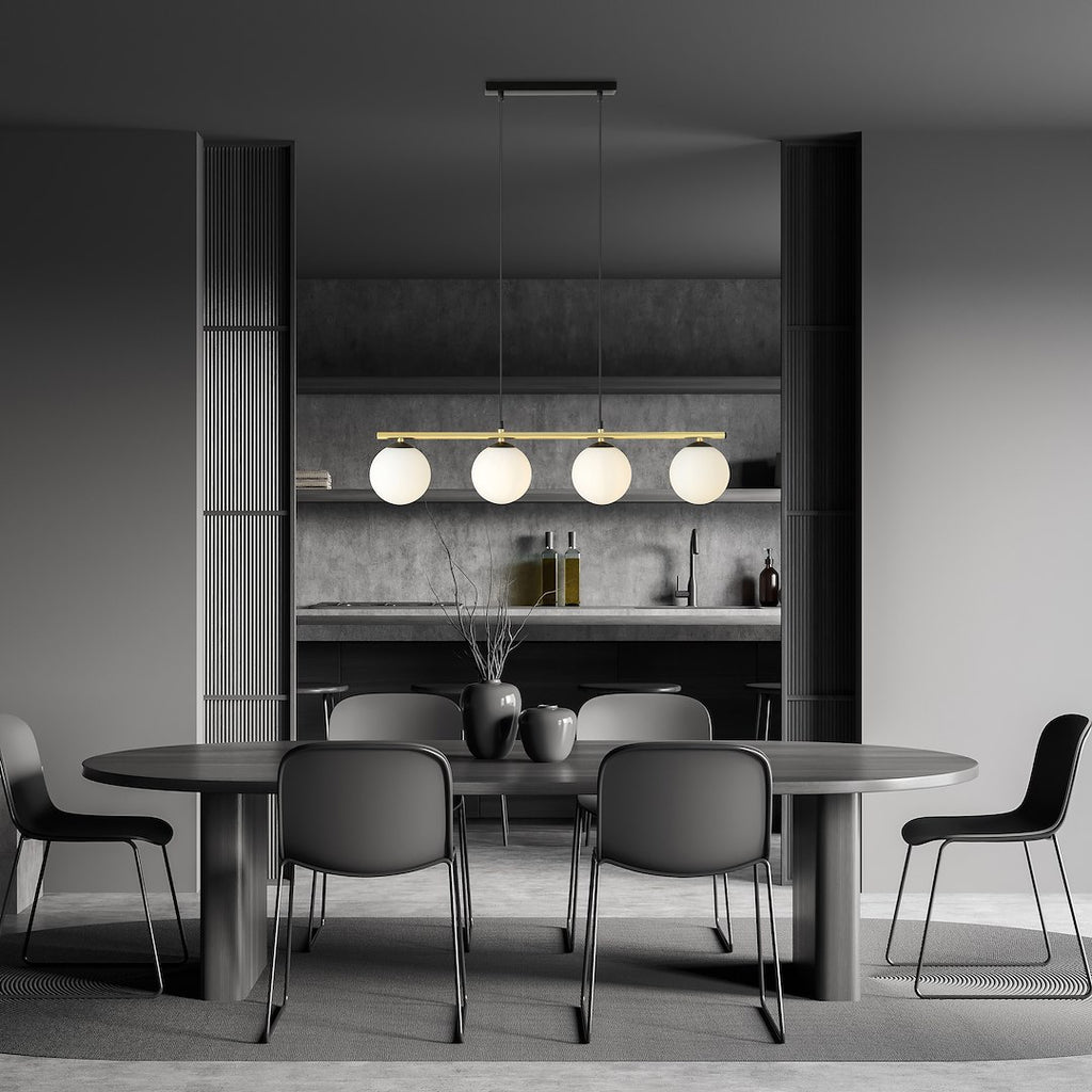 Hanglamp gepoedercoat staal en glas Alora 4 lichts, zwart goud met witte kappen – 85 x 100 cm