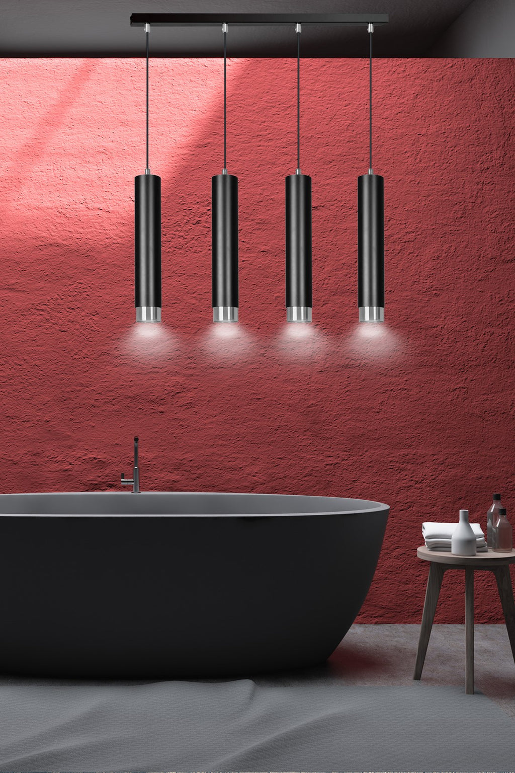 Hanglamp 4-lichts gepoedercoat staal Kibo, zwart met chroom, 60 cm breed, hoogte verstelbaar, eettafel en keuken