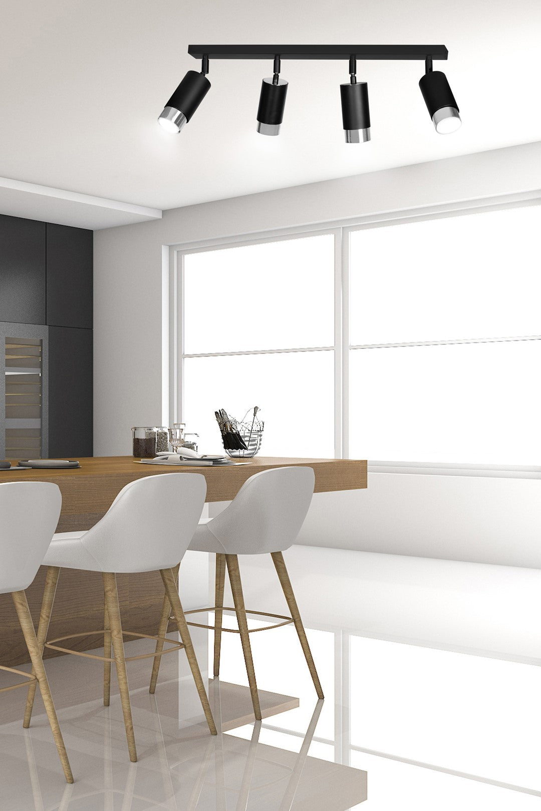 Plafondlamp gepoedercoat staal modern Hiro zwart zilver, 4 verstelbare spots, breedte 60 cm, voor hal en keuken