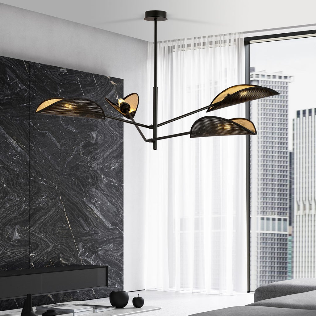 Plafondlamp gepoedercoat staal Vene zwart goud, 4 lichts, 102 x 51 cm, woonkamer en slaapkamer