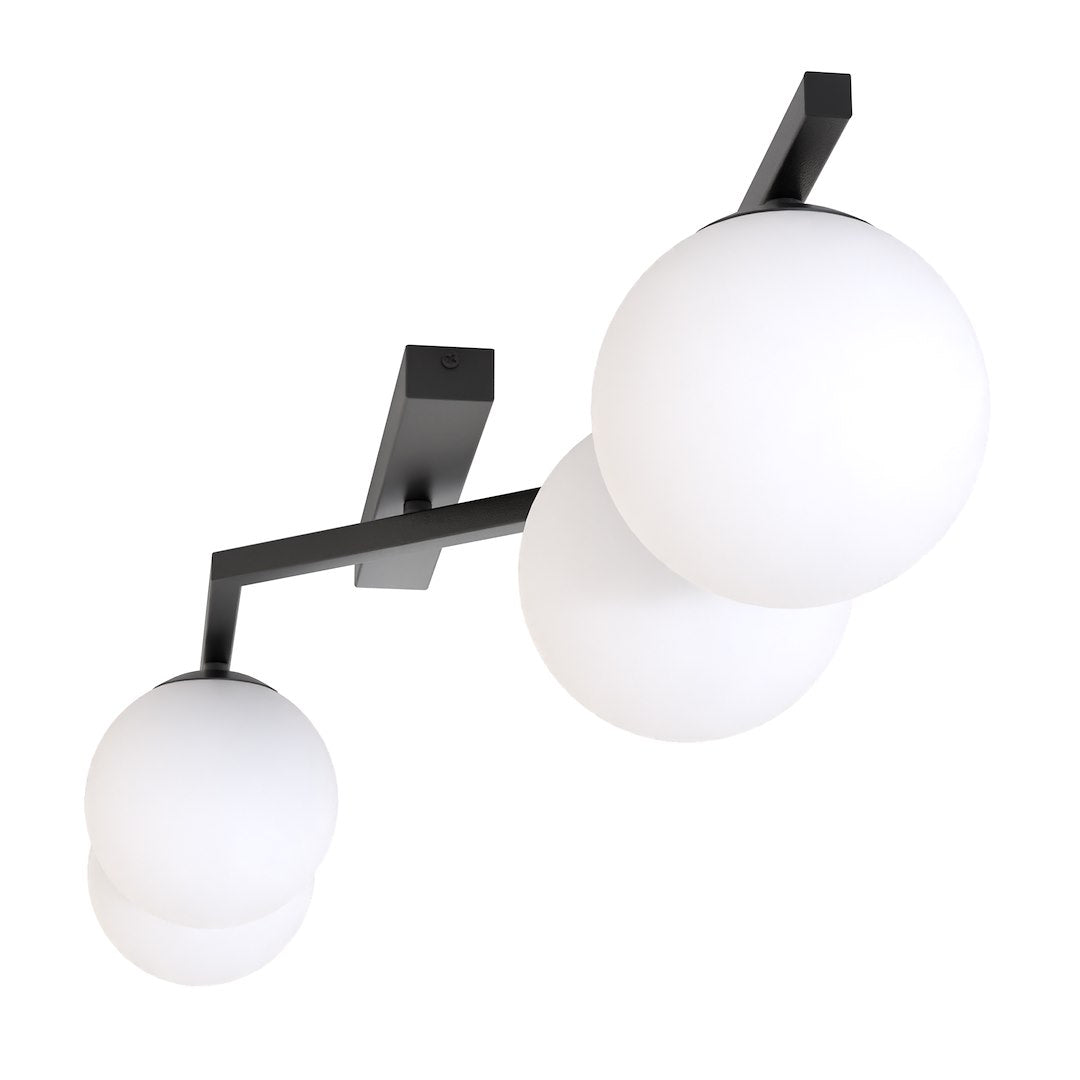 Plafondlamp gepoedercoat staal Naton modern zwart met 4 matte witte bolkappen, 100 x 32 x 20 cm, woonkamer, eetkamer en hal