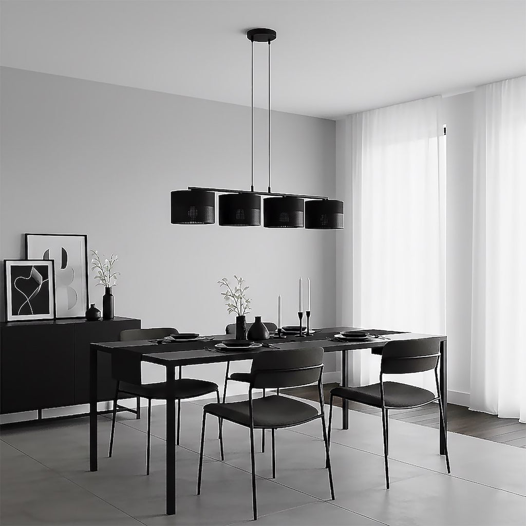 Hanglamp staal met stoffen kap Karbon, minimalistisch, zwart, 4 lichtpunten, 96 cm breed, eettafel en keukeneiland