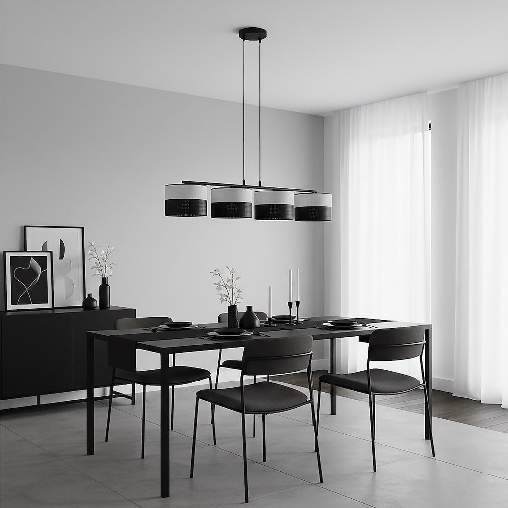 Hanglamp staal met stoffen kap minimalistisch Karbon zwart grijs 96 x 20 cm, 4 lichtpunten voor eettafel of keukeneiland