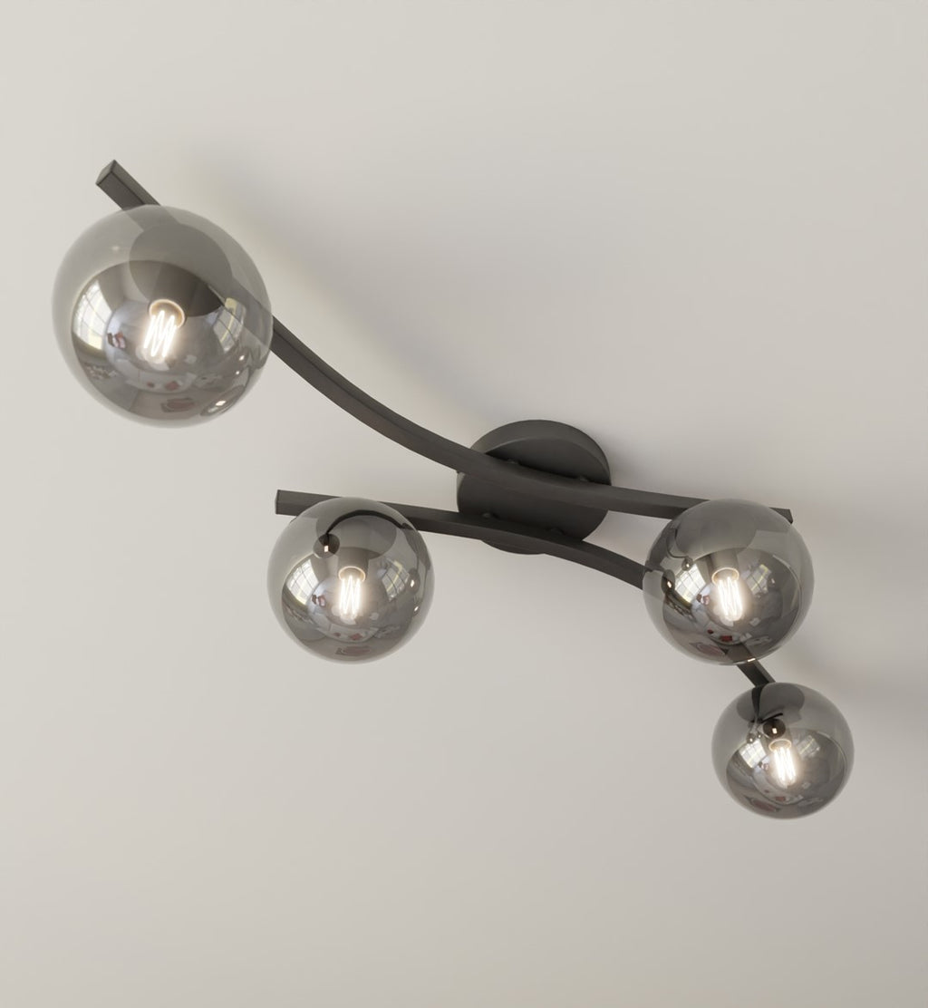 Plafondlamp gepoedercoat staal en glas Opus, zwart met grafiet glazen kappen, 4 lichts, 60 cm breed, woonkamer en slaapkamer