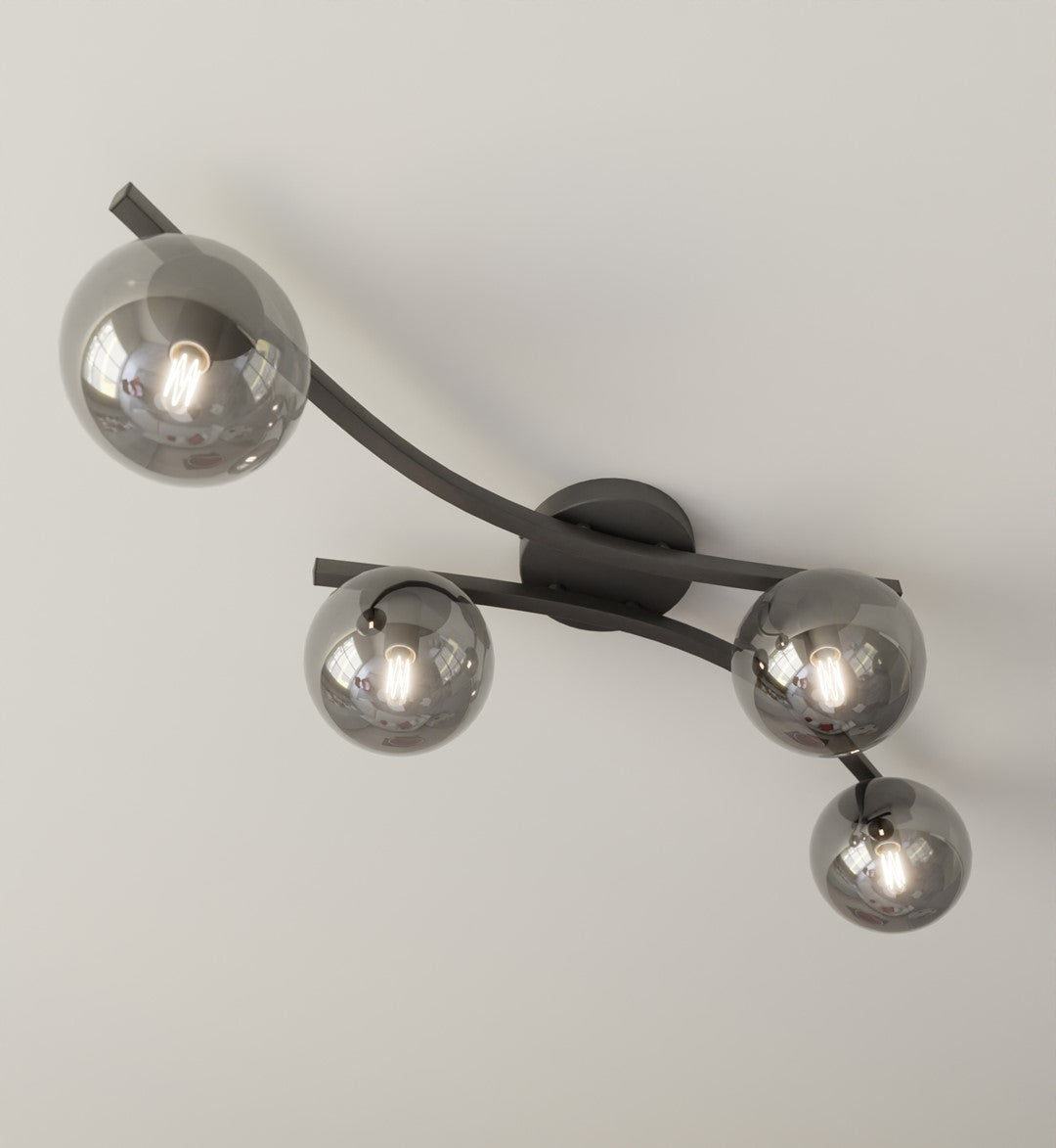 Plafondlamp gepoedercoat staal en glas Opus, zwart met grafiet glazen kappen, 4 lichts, 60 cm breed, woonkamer en slaapkamer