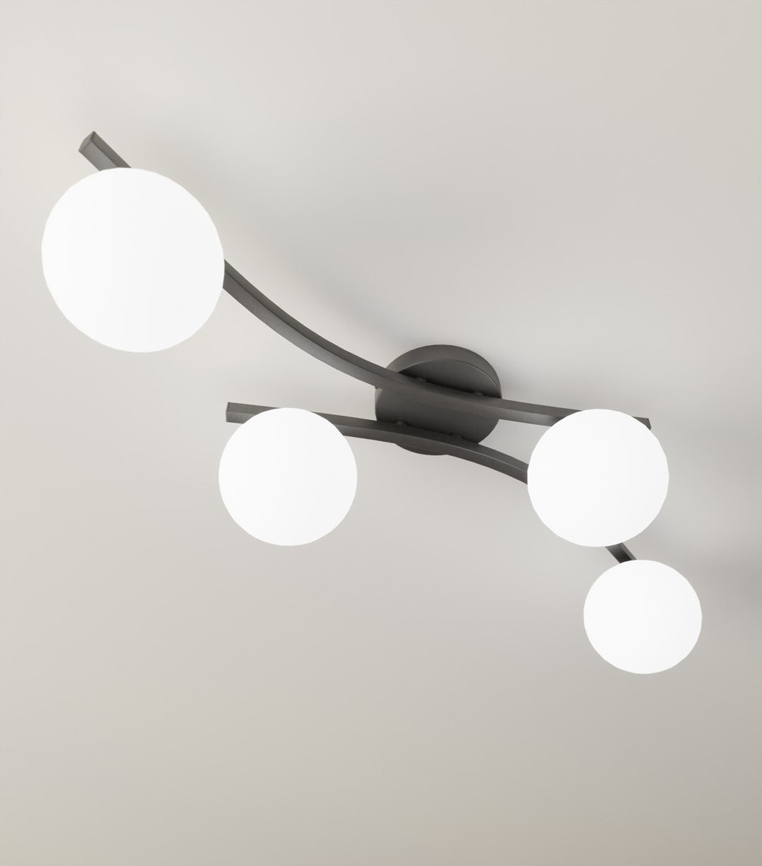 Plafondlamp zwart gepoedercoat staal met 4 witte glazen kappen, modern, E14 – woonkamer, eetkamer en slaapkamer