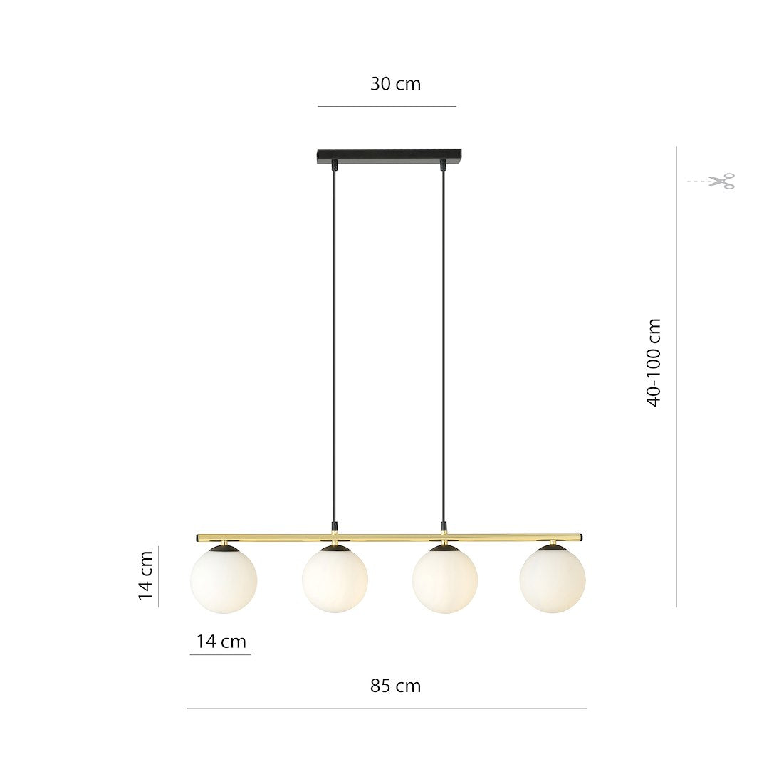Hanglamp gepoedercoat staal en glas Alora 4 lichts, zwart goud met witte kappen – 85 x 100 cm