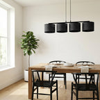 Hanglamp gepoedercoat staal met stoffen kap, Eco, minimalistisch, zwart, 4 lichts, 96 cm breed, voor eettafel of keukeneiland