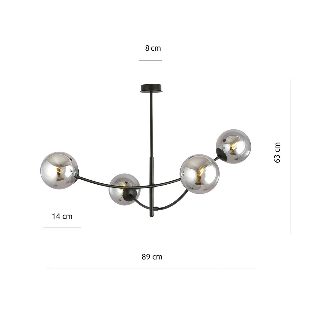 Plafondlamp gepoedercoat staal en glas Hunter, zwart met grafiet glazen kappen, 4 lichts, 89 x 63 cm
