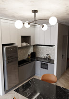 Plafondlamp gepoedercoat staal modern zwart met 4 witte glazen kappen, E14, 60 x 60 x 30 cm, eettafel of keukeneiland