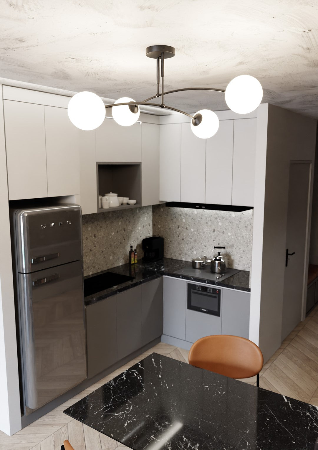 Plafondlamp gepoedercoat staal modern zwart met 4 witte glazen kappen, E14, 60 x 60 x 30 cm, eettafel of keukeneiland